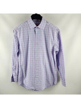 Report Collection Dress Shirt Mens Medium Blue Pink Checkered L/S Button Up